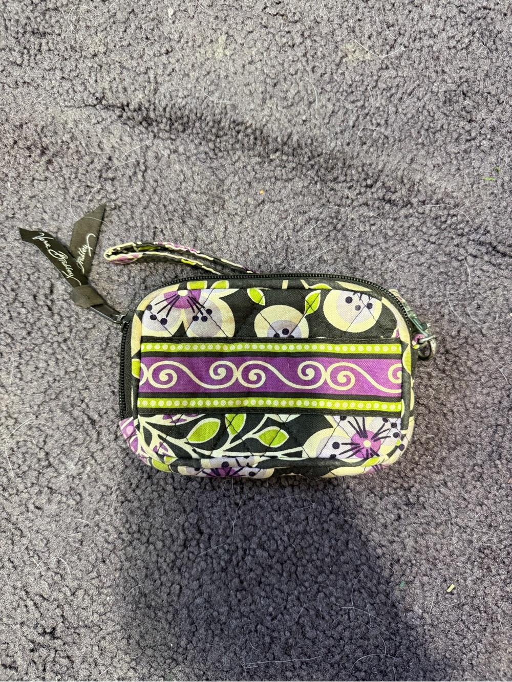 Vera Bradley Black Floral Zip Coin Pouch with Purple & Lime Accents